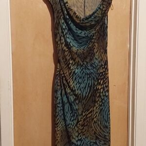 Connected Apparel Blue and Brown Sheath Dress Cowl Neck Cocktail